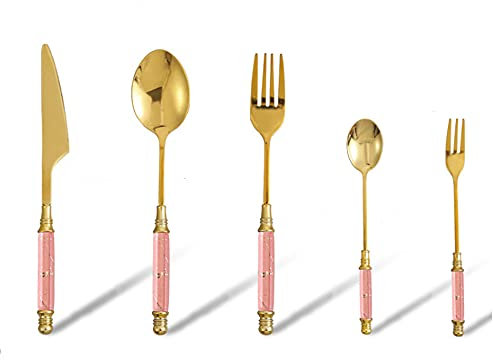 Set di 5 posate da cucina in acciaio inox 410 con manico in ceramica, con manico unico, include coltello/forchetta/cucchiaio (manico rosa)