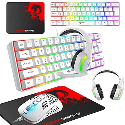 KUIYN Gaming Keyboard and Mouse Set, 60% Wired Compact Gaming Keyboard Mini 61 Keys 11 RGB Backlit Full Keys Anti-ghosting Wired Honeycomb Optical Model O Gaming Mouse RGB Headset Mouse Pad for Gamer