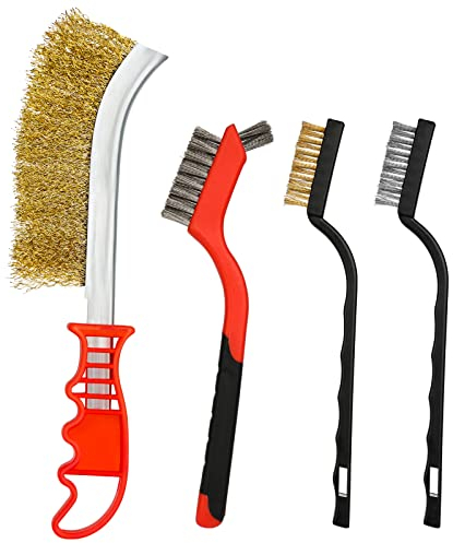 Wire Brush Set, 4 Pack Brass Stainless Steel Metal Rust Remover Brushes, Metal Brush with Curved Handle Grip for Cleaning Rust, BBQ Grill Cleaning Brush, Kitchen Cleaning