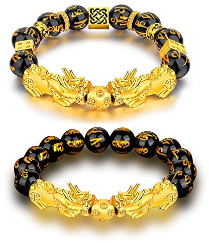 Louenth 2 Stück Feng Shui Perlenarmband, schwarzer Obsidian Perlenarmband, chinesisches Armband mit handgeschnitztem Amulett und Pi Xiu Glücksarmband,Armband für Damen Herren