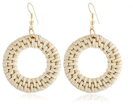 Rattan-Ohrringe für Damen, Sommer-Rattan-Creolen, Korbgeflecht, Stroh-Ohrringe, handgefertigt, Strandschmuck, gewebt, rund, baumelnde Ohrringe, Rattan, Autre