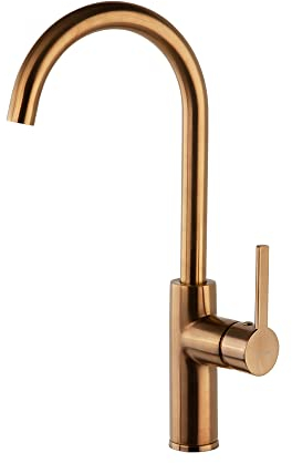 Ramon Soler - Grifo de Fregadero de Cocina Monomando Caño Cisne Cobre Cepillado con Sistema S2 de Ahorro de Agua Serie Drako