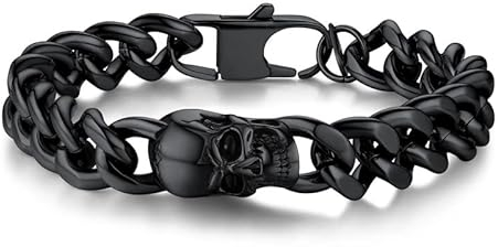Bandmax Schwarz Totenkopf Gliederarmband Herren Panzerkette Armband mit Totenkopf Edelstahl Skull Skelett Armbänder Schädel Kettenarmband Mann Kubanische Armband 19cm Armkette Schmuck für Jahrestag