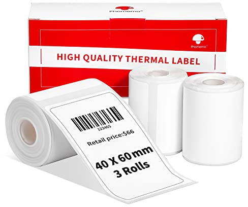 3 Rollen Phomemo M120/M110 Etiketten, 1.57x 2.36 (40 x 60 mm) Thermoetikettenpapier für Phomemo M120/M110/M200/M220 Etikettendrucker, Weißes Thermoetikett Papier für Barcode, Adresse, Preis