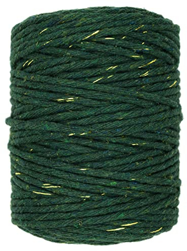 Macrame Cord Twine Natural Cotton String Craft Artisan Thread Twisted Macramé (Green with Gold Thread, 3 mm x 200 m / 656 ft)