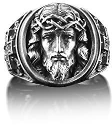 BySilverStone Jewelry Silberring Für Männer – Jesus Mit Dornenkrone-Ring, Jesus Mit Kreuz Gravierter Siegelring Für Männer, Christlicher Herrenring Aus Sterlingsilber, Glaube
