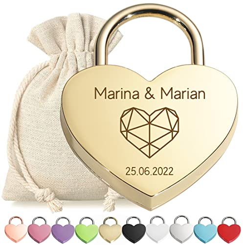 polar-effekt Herz Liebes-Schloss Bügelschloss personalisierte Gravur Gold - Motiv Polygon Herz - Geschenkbeutel - mit Schlüssel - Jahrestag, Verlobung - Sie & Ihn - Paar, Ehepaar - Present, Love