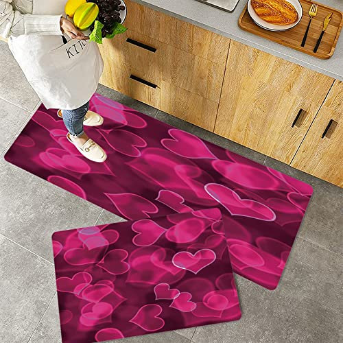 Küchenteppich Teppich Läufer Küchenläufer 2 Stück rutschfest,Hot Pink, Süße süße Herzformen auf unscharfem Hintergrund Romantisches Valentinstag-Design, Waschbar für Flur Küche 40 x 100 cm+40 x 60 cm