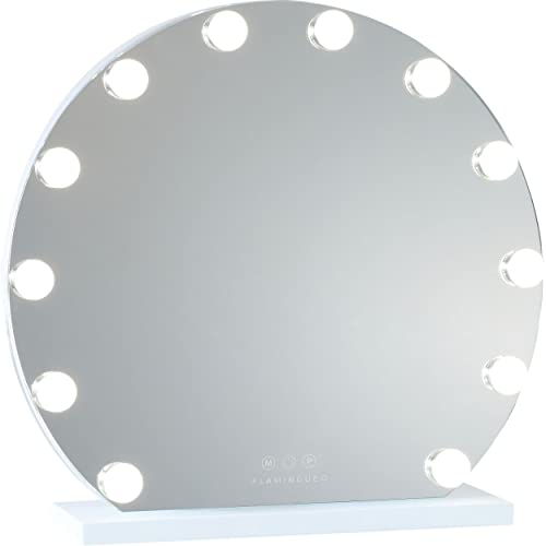 Flamingueo Schminkspiegel Mit Beleuchtung Rund, 12 LED, 3 Modi, Intensität Einstellbar, Touch Control, Hollywood, Weiß, 50 x 47 x 12 cm