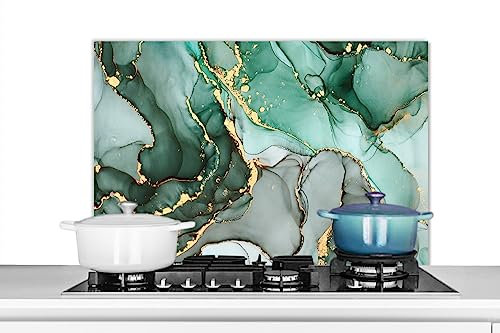 KitchenYeah© Fond de Hotte 80x55 cm Aluminium Crédence Cuisine Décoration Murale Crédence Plaque de Cuisson Anti Projection Or - Marbre - Vert - Luxe - Aspect marbre - Gris