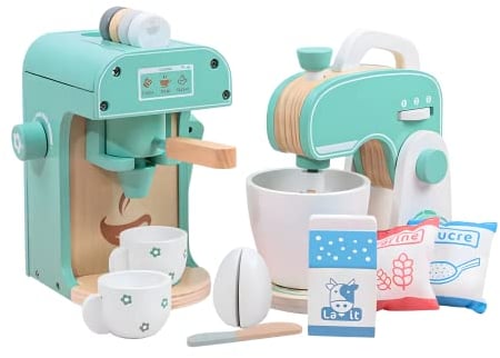 RLS Wooden Toy Set of 2 children’s coffee machine, Food mixer play kitchen set toy for boys and girls