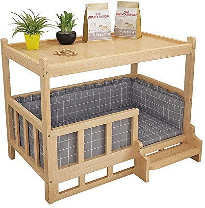 PEYNIR Hundebett Hölzerner Hund Kennel für Nacht mit Baldachin, Großes Erhöhtes Lounge-Sofa für Ältere Hunde oder Katzen, Graue Matratze, Verbesserter Schlaf (Color : with Stairs, Size : XL(90x55cm))