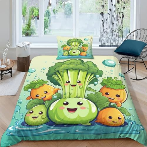 CRJUS Zeichentrickfilm Vegetable Bettwäsche,Erwachsene Kinder Bettbezug,3D Microfaser Bettwäsche Mit Kopfkissenbezüge,Bettbezug Für Schlafzimmer, Weiche Bequemer Single（135x200cm）