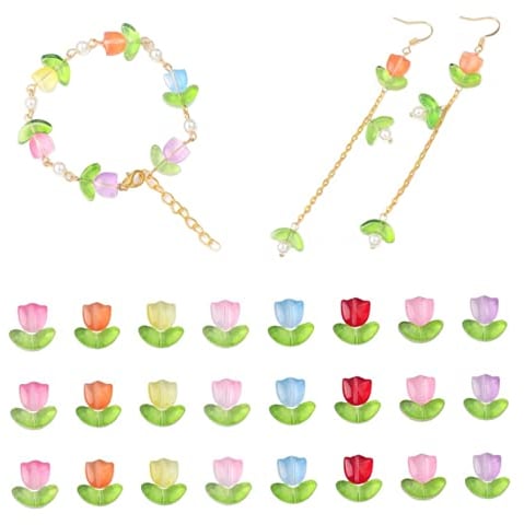 DIY Bracelet Bead Tulip Flower Bead Translucent Loose Glass Bead Glass Beads for Jewelry Making Mothers Day Gift Without Needle 100PCS