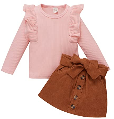Baby Mädchen Kleidung Outfit mit Kleine Fliegende Ärmel Langärmeliges Oberteil + Bowknot Einfarbige Rock, Herbstkleidung Set Herbst Winter Neugeborene Kleinkinder Niedlichen Strick Outfit Modische