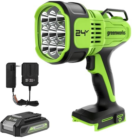 Greenworks 24V LED Handscheinwerfer mit 765 Yard Reichweite, kabelloses 3000 Lumen Arbeitslicht mit 2Ah Akku und Ladegerät