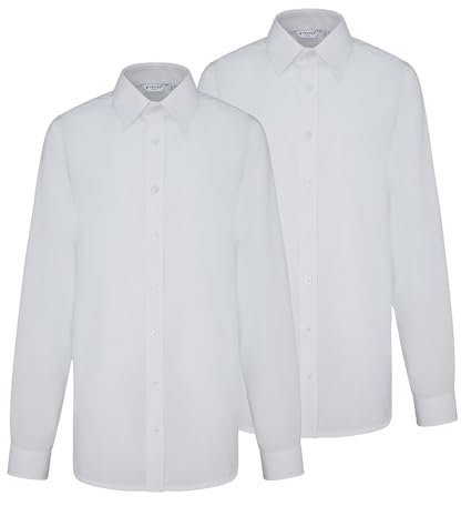 Trutex Basics 2 Pack Long Sleeve White School Shirts Boys (3-16+ Years). Regular Fit White Shirts for Boys, Easy Iron Boys White Shirts, Button Down White Shirt Boys - Genuine School Uniform
