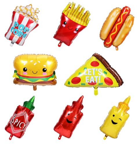 8stk Luftballons mit Essensmotiven, Hamburger Luftballon aus Aluminiumfolie Pommes Frites Popcorn Pizza Hamburger Hot-Dog-Luftballons für Partys mit Essensmotiven Geburtstagsfeier-Dekoration