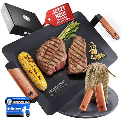EISENKOPF & SÖHNE Grillplatte Carbonstahl 4mm dick | Plancha, Teppanyaki [44 x 26 cm] [MIT LEDERGRIFFEN] ovenready, für Induktion, Ceran, Feuer & Gas (44x26 cm ovenready)
