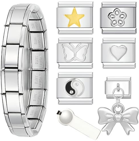 Tcnzdy 8 Stück Italian Charm Bracelet Set, Italian Charms Mit Öffnungswerkzeugen Italian Charm Bracelet Charms Silberner Italian Charms Mit 6-Ersatzmodulen Charm Armband Armband für Männer Frauen