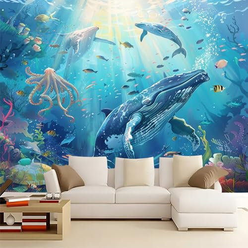 3D Effekt Fototapete Abstrakte Kunst Unterwasser-Tiere Wanddeko Tapete, Blau Hochwertige Wanddekoration Wandtapete, Vlies Tapete Wandbild für Wohnzimmer Schlafzimmer Büro 350x256cm
