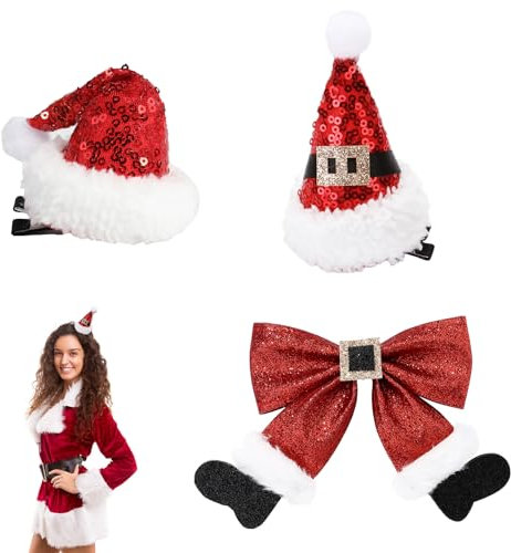 3PCS Pailletées Pince Cheveux Noël, Gros Barrette Noël de Bonnet Noël, Noeud Rouge Cheveux, Pailleté Barette Noël Pinces à Cheveux de Noël, Accessoire Cheveux Noël, Accessoire Noël Femme Fille Enfant