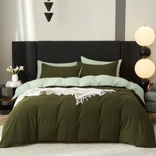 Gezu Coton Sets de Housse de Couette 220x240 cm Vert Parure de Lit Haut Gamme Plissé Coton Adulte 2 Personnes Moderne Doux Respirant Linge de Lit avec 2Taies d'oreiller 65x65cm Fermeture Éclair