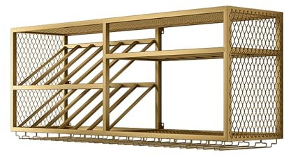 GLJTUO Portabottiglie A Parete, Portabottiglie da Vino Scaffali da Bar A Parete con Portabicchieri da Vino Mini Bar Espositore per Bottiglie di Liquore Mobile Bar per Liquori Sca,Gold-100 * 30 * 45cm
