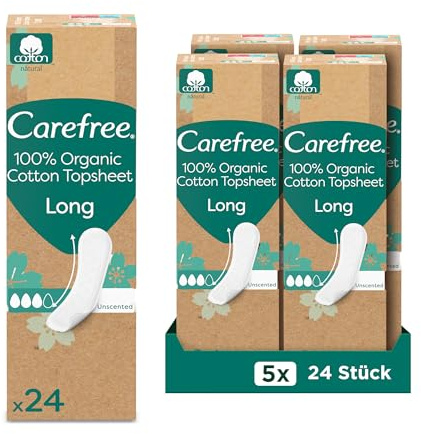 Carefree Organic Long ohne Duft 5X24 Stk., Slipeinlage aus 100 Prozent zertifizierter Baumwolle und parfümfrei, super saugstarker Kern
