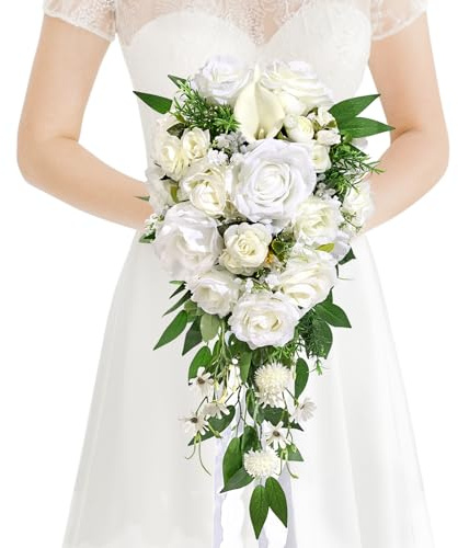 Faylifeway Wedding Bouquets for Bride, White Cascading Bridal Bouquet Artificial Flowers，9.8 Inch Bride Bouquets for Wedding Decoration, Boho Ceremony,Church, Anniversary Decor