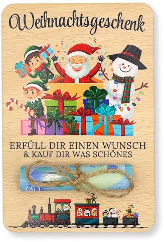 ZUKLA® Verpackung Geldgeschenk Weihnachten 15 x 10 cm - bunter Druck Geldgeschenk Verpackung Weihnachten Holz - Handmade - Geld Verschenken Weihnachten, Santa