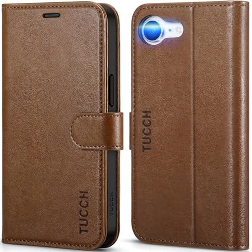 TUCCH Hülle für iPhone 17e & iPhone 16e, Kickstand, PU-Leder, Braun | Magnetische Handyhülle, RFID-Blocker, 4 Kartenfächer, Stoßfeste TPU-Innenschale, Kompatibel mit iPhone 17e/16e 6,1