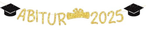 ABI 2025 Graduation Deko Gold Glitzer, Abschluss Deko, Abitur 2025 Girlande mit Absolventenhut Motive, Graduation Dekoration für Abi Abschlussfeiern, Abitur Prüfungserfolge