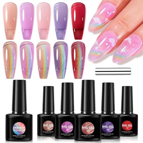 Cat Eye Gel Polish Set - 5 Colors Jelly Gel Nail Polish - Rainbow Magnetic gel Nail Polish Cateye - Soak Off UV Long Lasting Nail Polish Set Nail Art Salon DIY Gifts