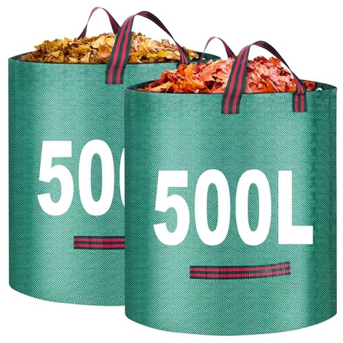 KOOSREEL Garden Waste Bags, 2 Packs 500L Heavy Duty Gardens Bags, Reusable Waterproof Garden Sacks with Handles, Ideal for Collecting Plant Waste Grass and Leaves