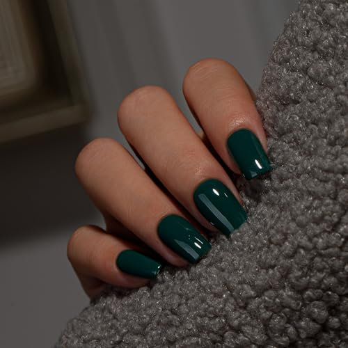 KQueenest Dark Green Press on Nails Short Medium Square, Short False Nails with Glue, Glossy Solid Emerald Green Fake Nails Press ons, Coffin Reusable Soft Gel Stick on Nail for Women 28 Pcs
