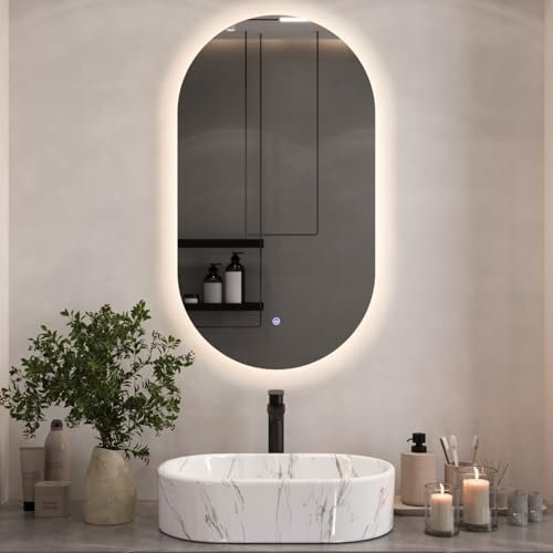 Planetmöbel Spiegel mit Beleuchtung 50 x 90 cm, Spiegel ohne Rahmen, 2 Lichtstufen (4000-4200k), mit Touchschalter, moderner Wandspiegel für Badezimmer, Flur oder Garderobe, oval