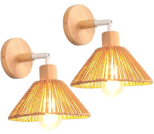 iDEGU 2 Piezas Lámparas de Pared Interior Retro Aplique de Pared de Madera 22cm Tulipa de Ratán Estilo Bohemio E27 Lámpara de Techo Ajustable Aplique para Salón Dormitorio Pasillo Cafetería (Marrón)