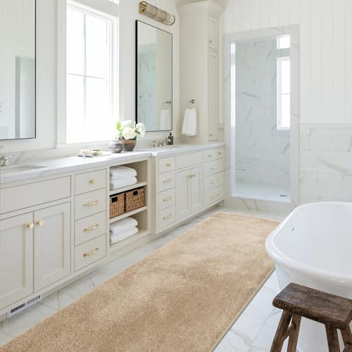 SOANNY Beige Bath Mat, Large Shower & Tub Runner Bathmat Rug, Non-Slip, Machine Washable, Absorbent, Soft Plush Floor Mat for Hallway Kitchen Entryway Laundry Bedside Patio Door, 60 x 120 CM