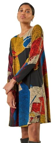 Roman Originals Tunic Dress with Pockets for Women UK Ladies Swing Fit & Flare Skater Slouch Stretchy Casual Smart Winter Jersey Pull On Work Office 3/4 Long Sleeves - Noir Multi - Size 18