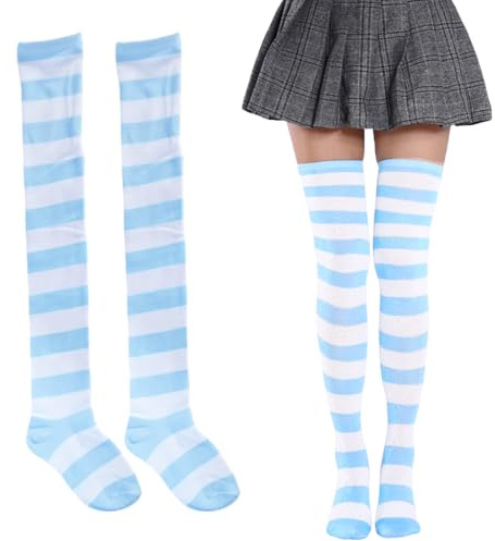 COYUN 1 Paires Chaussettes Hautes Rayées, Chaussettes longues en tricot, Femme Chaussette Haute Bas à Rayures Au-Dessus Du Genou pour Fête d'Halloween, Carnaval, Cosplay, costume, Bleu et blanc
