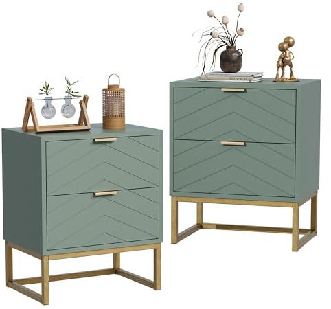UEV Nachttisch aus Holz 2er Set, Nachtschrank mit 2 Schubladen (Grün) | Nachtkommode Boxspringbetten, Sofatisch mit Metall-Beine, Kleiner Beistelltisch für Wohnzimmer Schlafzimmer