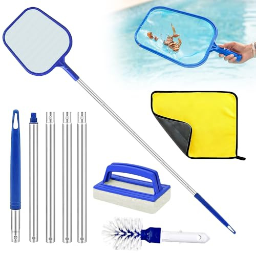yotutun Kit de Nettoyage pour Piscine, Epuisette Piscine Filet à Mailles Fines Épuisette Piscine avec Manche Telescopique Épuisette de Surface avec Brosse Piscine pour Piscines Spas Fontaine Étang
