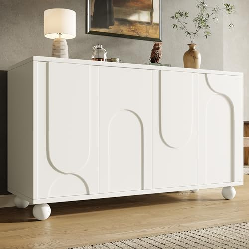Merax Sideboard 120cm, Küchenschrank mit 4 Türen, Moderner Küchenkommode, Buffetschrank mit verstellbare Ablage, Designtüren, Kippsicher, Holz Aufbewahrungsschrank für Küche Wohnzimmer Esszimmer, Weiß