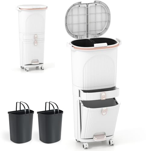 TANGZON Recycling Bins, Trash Can Garbage Bin with 3 Compartments, Wheels, Retractable Pedal, Handles & Stickers, Home Kitchen 2/3 Tier Vertical Waste Separation System (White, 42L, 2 Lids,1 Drawer)
