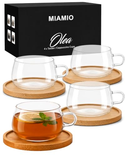 MIAMIO - Cappuccino Glasses/Tea Glasses Set (4x280 ml) - Olea (Clear) | Borosilicate tea glasses for tea and coffee / cappuccino glasses with bamboo coasters, coffee glasses set - dishwasher safe