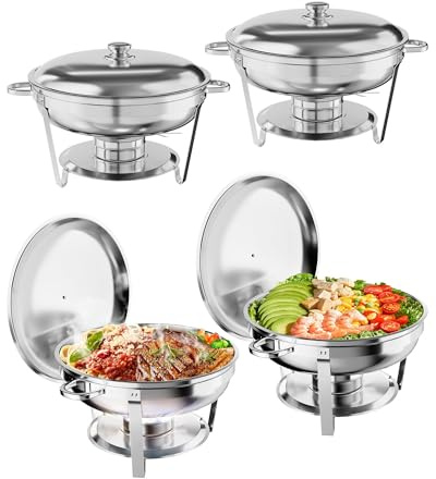 GarveeMore Calentadores de Comida para Buffet de Acero Inoxidable Redondo 5L - Chafing Dish De Acero Inoxidable - Mantiene La Comida Caliente o Fría - Ideal para Catering, Fiestas y Bodas - 4pcs