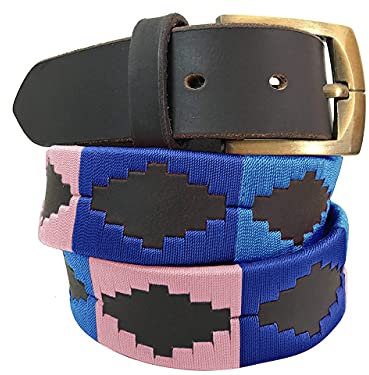 CARLOS DIAZ Herren Damen Premium Unisex Braunes Leder Bestickt Designer Polo Gürtel (95 cm/ 36-38 Inches)