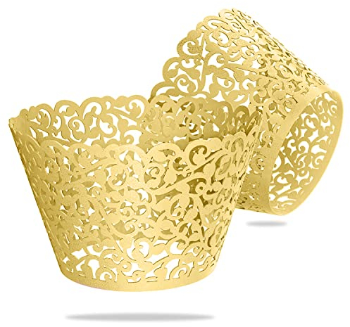 WedDecor Gold Cupcake Wrappers Laser Cut Pearlescent Floral Design Muffin Wrap Cases Paper Holders for Party Decoration, Wedding, Birthday, Events, 25pcs
