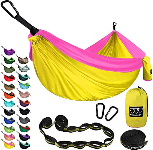 Gold Armour Camping-Hängematte – XL-Doppel-Hängematte, tragbare Hängematte, Camping-Zubehör, Ausrüstung für drinnen und draußen, mit Baumgurten, Marke aus den USA (gelb und pink)